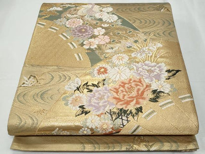 平和屋着物◎六通柄袋帯　唐織　御所車雀花文　金銀糸　正絹　逸品　CABF1043fb