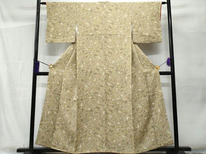 平和屋着物■上質な小紋 型染め 枝葉文 鬼しぼ縮緬 正絹 逸品 CABF1102fb
