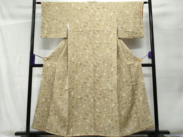 平和屋着物■上質な小紋 型染め 枝葉文 鬼しぼ縮緬 正絹 逸品 CABF1102fb