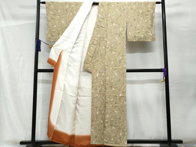 平和屋着物■上質な小紋 型染め 枝葉文 鬼しぼ縮緬 正絹 逸品 CABF1102fb