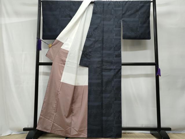平和屋着物▽上質な紬　単衣　手描き　横段更紗花文　正絹　逸品　AABG0231jh 平和屋着物□上質な紬 横段更紗花唐草文 正絹 逸品 CABF1114fb