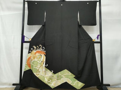 平和屋着物■豪華黒留袖 駒刺繍 鳳凰花文 金彩 正絹 逸品 CABF1168fb