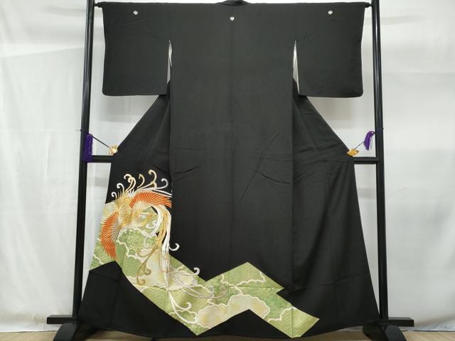 平和屋着物■豪華黒留袖 駒刺繍 鳳凰花文 金彩 正絹 逸品 CABF1168fb