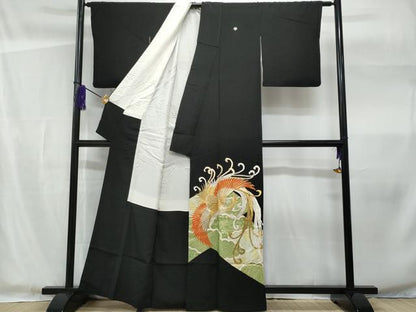 平和屋着物■豪華黒留袖 駒刺繍 鳳凰花文 金彩 正絹 逸品 CABF1168fb