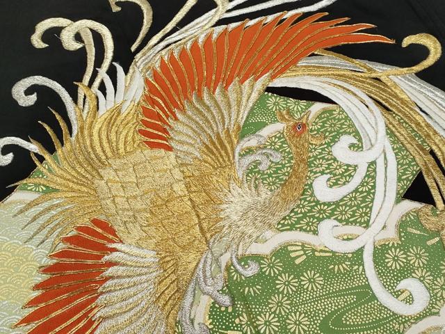 正絹黒留袖 駒刺繍 孔雀花文 金彩 ⑦(訪問着、紬、袋帯なども出品