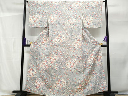 平和屋着物■上質な小紋　切嵌花文　鬼しぼ縮緬　正絹　逸品　CABF1191fb