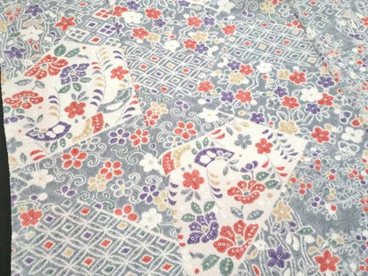 平和屋着物■上質な小紋　切嵌花文　鬼しぼ縮緬　正絹　逸品　CABF1191fb