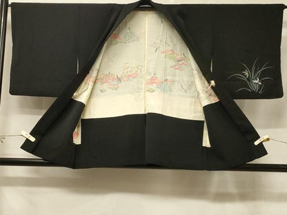 平和屋着物＃羽織　手描き　草花文　黒地　金彩　正絹　逸品　CABF1201in