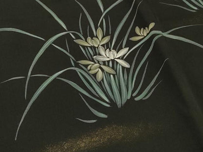 平和屋着物＃羽織　手描き　草花文　黒地　金彩　正絹　逸品　CABF1201in