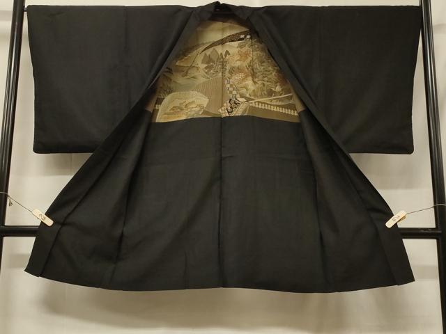 平和屋着物＃男性 長羽織 紬地 黒地 正絹 逸品 CABF1213in