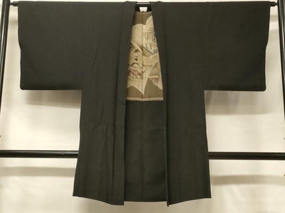 平和屋着物＃男性　長羽織　黒地　正絹　逸品　CABF1214in