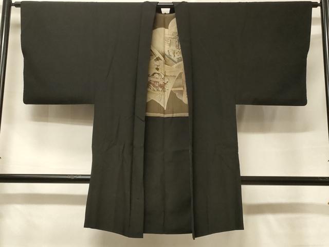 平和屋着物＃男性　長羽織　黒地　正絹　逸品　CABF1214in
