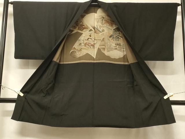 平和屋着物＃男性　長羽織　黒地　正絹　逸品　CABF1214in