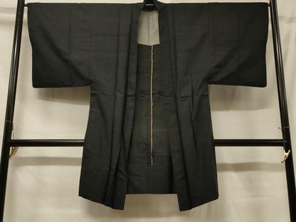 平和屋着物＃男性　長羽織　紬地　単衣　黒地　正絹　逸品　CABF1216in