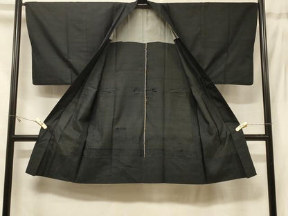 平和屋着物＃男性　長羽織　紬地　単衣　黒地　正絹　逸品　CABF1216in