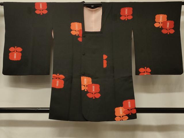 平和屋着物＃道行コート　地紋起こし　枝花文　黒地　正絹　逸品　CABF1233in