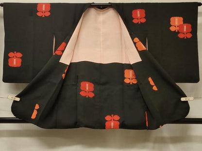 平和屋着物＃道行コート　地紋起こし　枝花文　黒地　正絹　逸品　CABF1233in