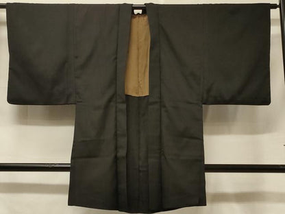 平和屋着物＃男性　長羽織　お召地　黒地　正絹　逸品　CABF1242in