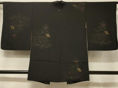 平和屋着物＃羽織　寿光織　南蛮船　黒地　金糸　正絹　逸品　CABF1256in