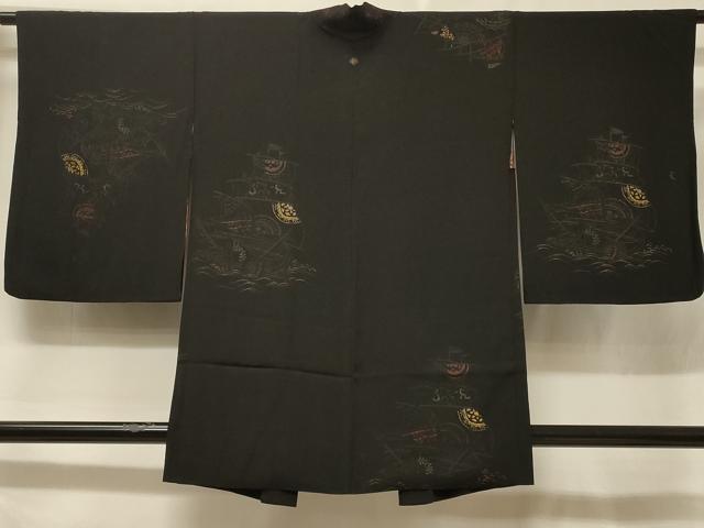 平和屋着物＃羽織　寿光織　南蛮船　黒地　金糸　正絹　逸品　CABF1256in
