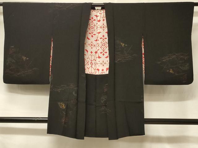 平和屋着物＃羽織　寿光織　南蛮船　黒地　金糸　正絹　逸品　CABF1256in