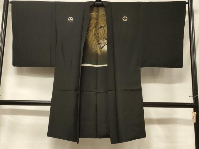 平和屋着物＃男性　長羽織　黒紋付　羽裏：ライオン　正絹　逸品　CABF1258in