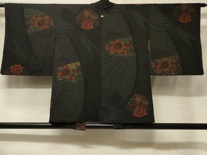 平和屋着物＃羽織　寿光織　檜扇草花丸文　黒地　金糸　正絹　逸品　CABF1262in