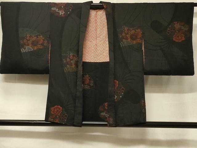 平和屋着物＃羽織　寿光織　檜扇草花丸文　黒地　金糸　正絹　逸品　CABF1262in