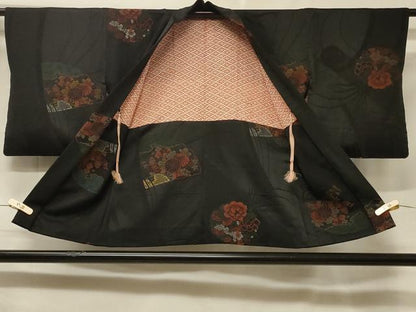 平和屋着物＃羽織　寿光織　檜扇草花丸文　黒地　金糸　正絹　逸品　CABF1262in