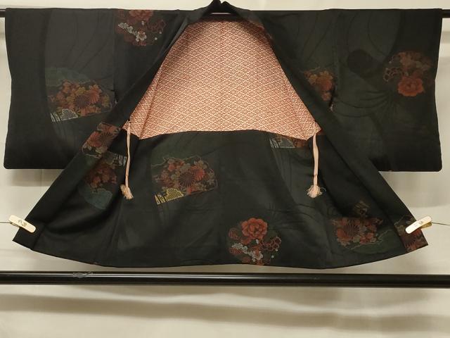 平和屋着物＃羽織　寿光織　檜扇草花丸文　黒地　金糸　正絹　逸品　CABF1262in