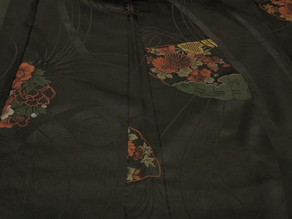 平和屋着物＃羽織　寿光織　檜扇草花丸文　黒地　金糸　正絹　逸品　CABF1262in