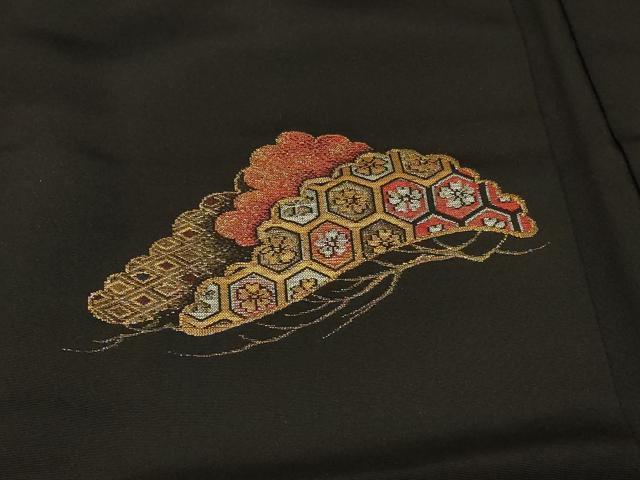 平和屋着物＃羽織　寿光織　吉祥枝松文　黒地　金銀糸　正絹　逸品　CABF1267in