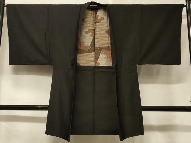 平和屋着物＃男性　長羽織　紬地　黒地　正絹　逸品　CABF1274in