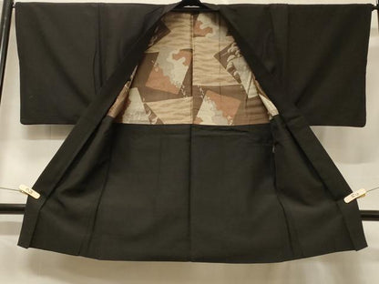 平和屋着物＃男性　長羽織　紬地　黒地　正絹　逸品　CABF1274in