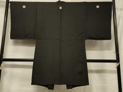 平和屋着物＃男性　長羽織　黒紋付　単衣　正絹　逸品　CABF1275in