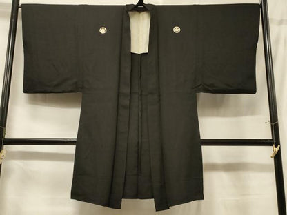 平和屋着物＃男性　長羽織　黒紋付　単衣　正絹　逸品　CABF1275in