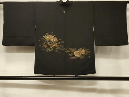 平和屋着物＃羽織　扇面鼓流水文　黒地　銀糸　正絹　逸品　CABF1299in