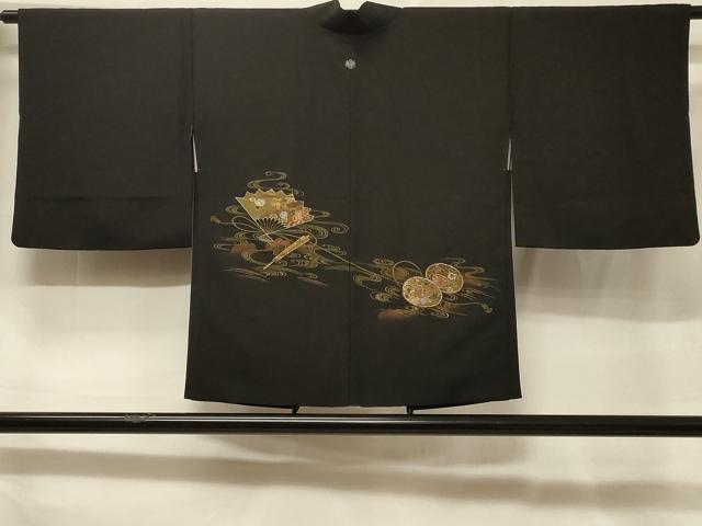 平和屋着物＃羽織　扇面鼓流水文　黒地　銀糸　正絹　逸品　CABF1299in