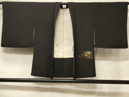 平和屋着物＃羽織　扇面鼓流水文　黒地　銀糸　正絹　逸品　CABF1299in