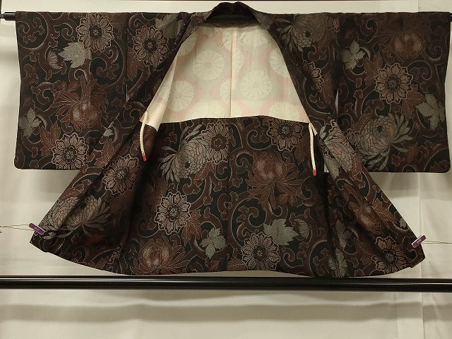 平和屋着物＃羽織　花唐草文　黒地　金糸　正絹　逸品　CABF1300in