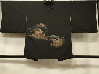 平和屋着物＃羽織　寿光織　雲取り鼓花文　黒地　金銀糸　正絹　逸品　CABF1305in