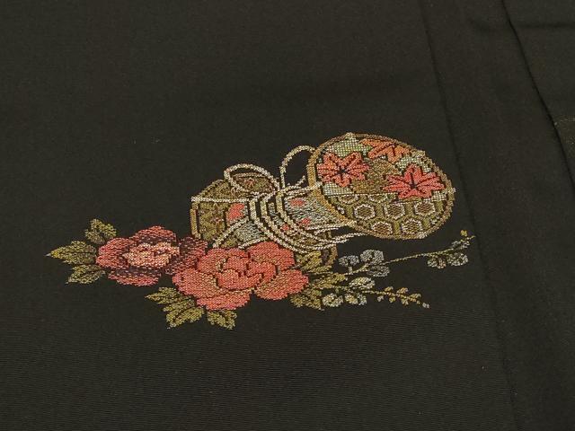 平和屋着物＃羽織　寿光織　雲取り鼓花文　黒地　金銀糸　正絹　逸品　CABF1305in