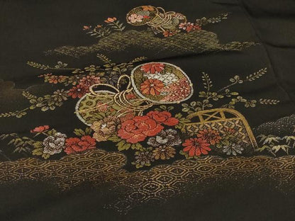 平和屋着物＃羽織　寿光織　雲取り鼓花文　黒地　金銀糸　正絹　逸品　CABF1305in