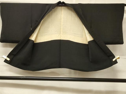平和屋着物＃羽織　寿光織　風景草花文　黒地　正絹　逸品　CABF1308in