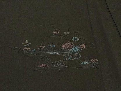 平和屋着物＃羽織　寿光織　風景草花文　黒地　正絹　逸品　CABF1308in