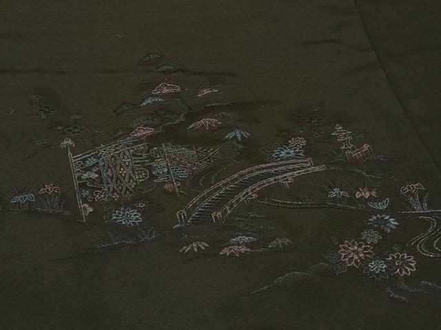 平和屋着物＃羽織　寿光織　風景草花文　黒地　正絹　逸品　CABF1308in 平和屋着物＃羽織 寿光織 風景草花文 黒地 正絹 逸品 CABF1308in