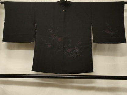 平和屋着物＃羽織　寿光織　枝花文　黒地　正絹　逸品　CABF1312in