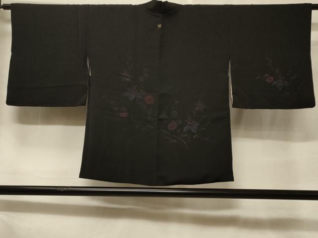 平和屋着物＃羽織　寿光織　枝花文　黒地　正絹　逸品　CABF1312in