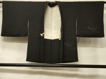 平和屋着物＃羽織　寿光織　枝花文　黒地　正絹　逸品　CABF1312in