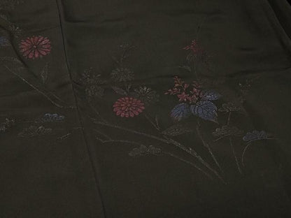 平和屋着物＃羽織　寿光織　枝花文　黒地　正絹　逸品　CABF1312in